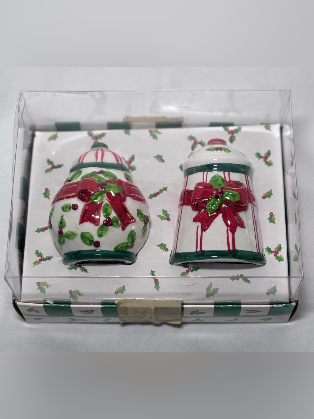 Lady Jayne Ltd. Holly & Ribbon Salt and Pepper Shakers Set ~ Holiday 2002